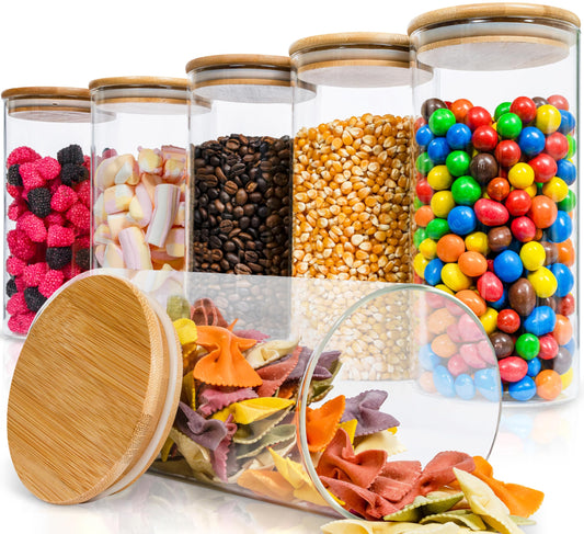 Deco Haus® 6-pack storage jars with lid [+LABELS] - For cereal, cornflakes, sugar, flour - Airtight glass storage jars with lid - Glass storage container - Kitchen storage box