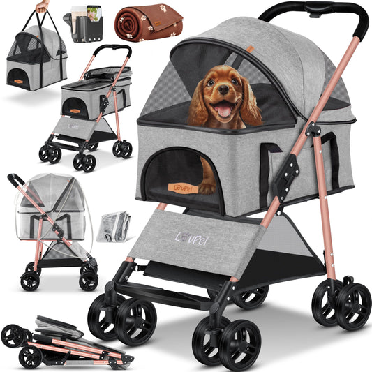 LOVPET® Dog Stroller 2in1 Dog Cart Dog Crate, Transport Bag Foldable and collapsible up to 20kg Pets Buggy with Mesh Windows, Cup Holder, Rain Cover Jogger Buggy for Pets