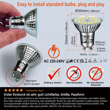 EACLL GU10 LED 5000K 10W 3-Stage Dimmable via Light Switch, 6-Pack, Daylight White 1150 Lumens Replaces 125W, 3 Brightness Levels with Memory Function, 3-in-1 Flicker-free Spotlight Bulb, Dimming without Dimmer.