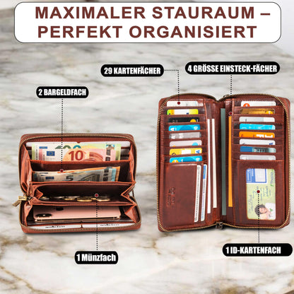 MATADOR Women's Large Leather Wallet #Madrid with elegant Gift Box, Stylish Women's Wallet Large with RFID Blocker, Luxury Women's Wallet with Many Card Slots in Floral Brown.
