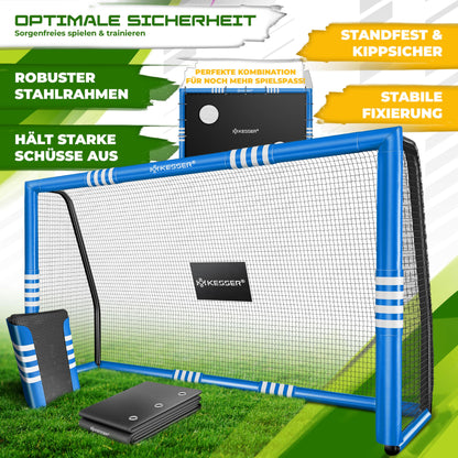 KESSER® Soccer Goal - High-quality soccer goal 240cm with target wall, shooting training UV-resistant net, steel frame with padding, ground stakes, air pump, cones, assembly accessories for kids and adults.