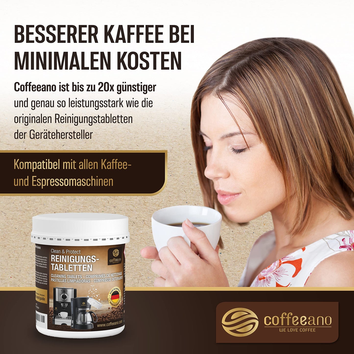 Coffeeano 150 cleaning tablets for fully automatic coffee machines and coffee makers. Cleaning tabs for Delonghi, Siemens, EQ Series, Jura, Krups, Bosch, Miele, Melitta, WMF, and more.