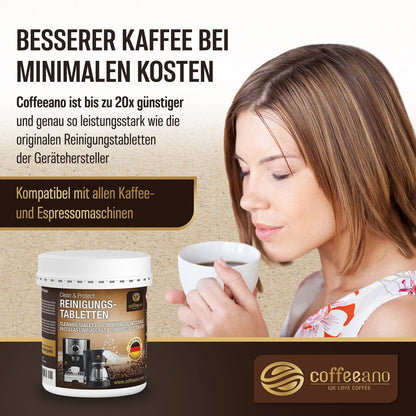Coffeeano 150 cleaning tablets for fully automatic coffee machines and coffee makers. Cleaning tabs for Delonghi, Siemens, EQ Series, Jura, Krups, Bosch, Miele, Melitta, WMF, and more.