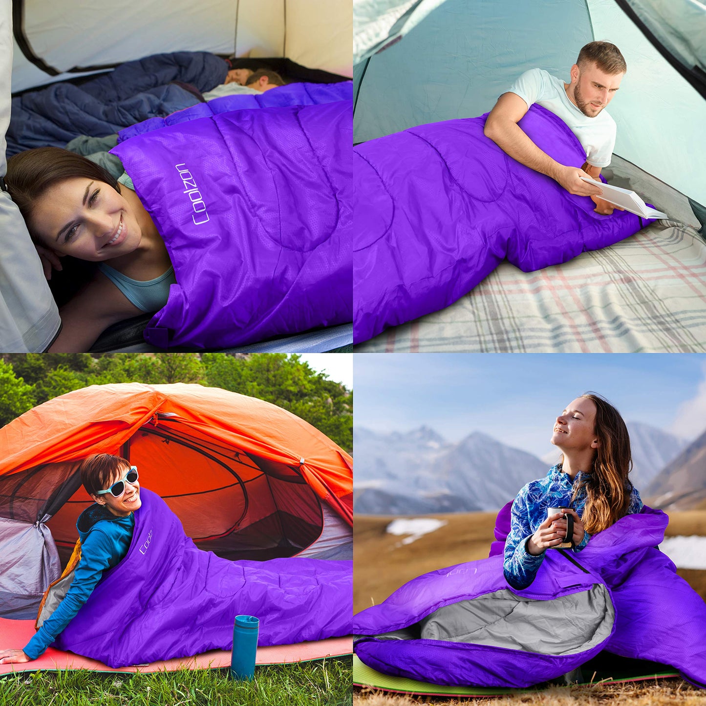 Coolzon sleeping bag for outdoor camping 3-4 seasons, adult rectangular sleeping bag small pack size ultralight carrying bag, soft thick and warm for outdoor camping, travel, hiking, purple.