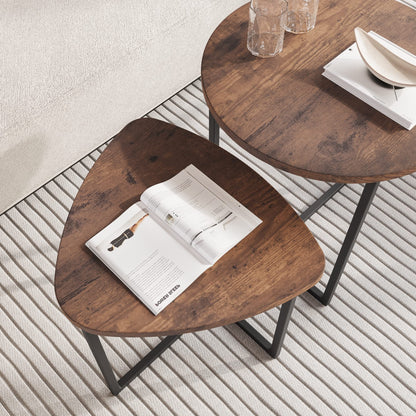 Round coffee table set of 2, side table set, sofa table, coffee table, metal base and heart-shaped wooden tabletop, industrial design, living room table, modern, black + brown.