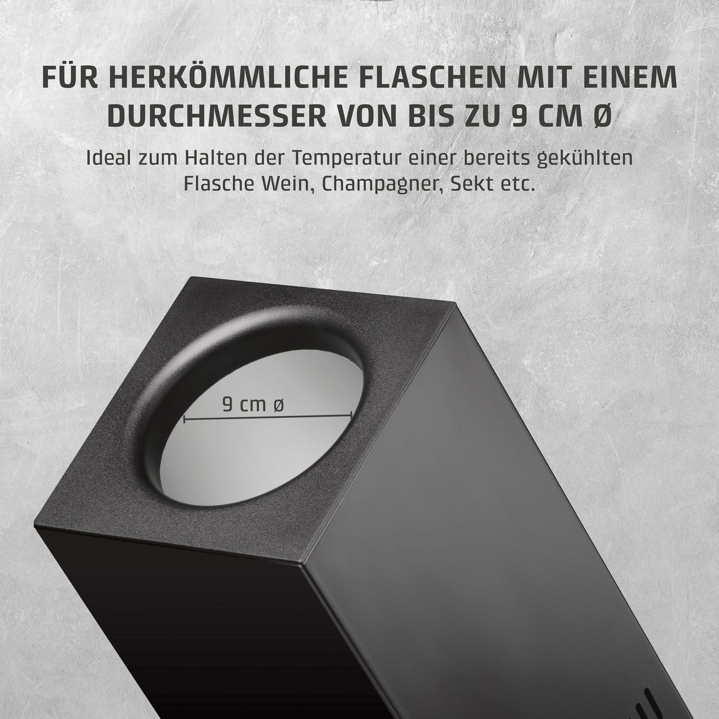CASO WineCase One Black - Design wine cooler for one bottle, temperature range of 5-18°C, for bottles up to 9 cm Ø, sensor touch operation, black stainless steel casing.