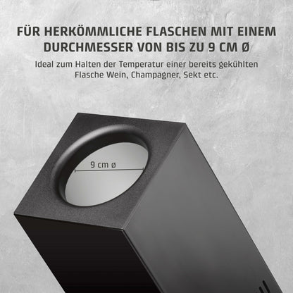 CASO WineCase One Black - Design wine cooler for one bottle, temperature range of 5-18°C, for bottles up to 9 cm Ø, sensor touch operation, black stainless steel casing.