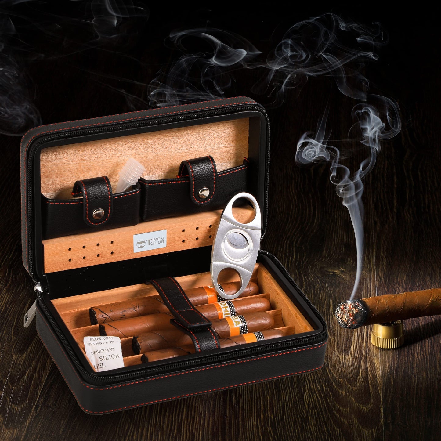 Time C club 4 Finger Portable Travel Cigar Case made of leather, Cigar Humidor with cigar cutter and humidifier, Best Man gift, Birthday gift, Father's Day gift