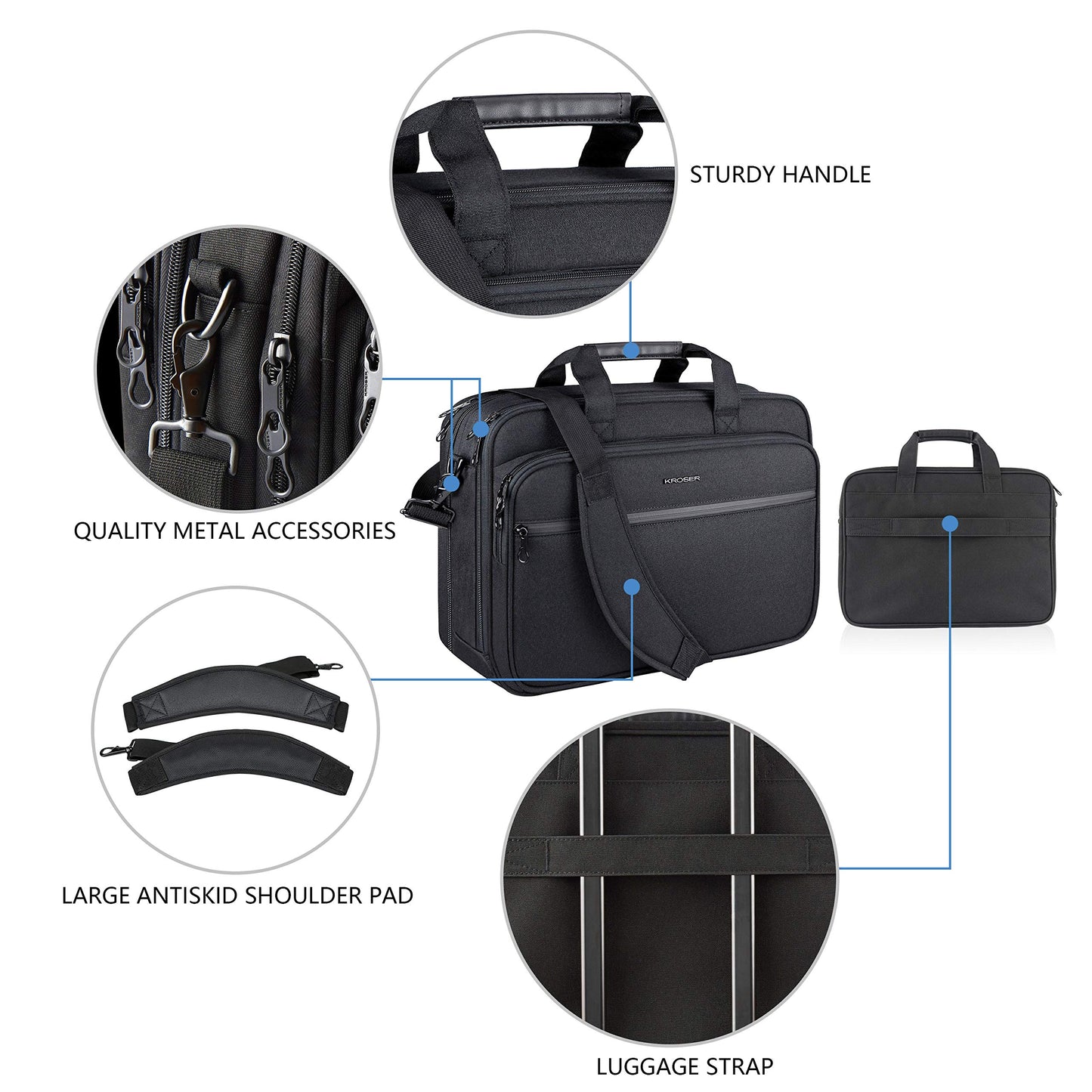 KROSER 18" Laptop Briefcase Fits Up to 17.3" Expandable Waterproof Shoulder Bag Computer Bag with RFID Pockets for Travel/Business/School/Men/Women- Black (MEHRWEG)