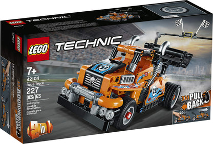 LEGO 42104 Technic Race Truck or Race Car, 2-in-1 model with pull-back motor, collection of racing vehicles.