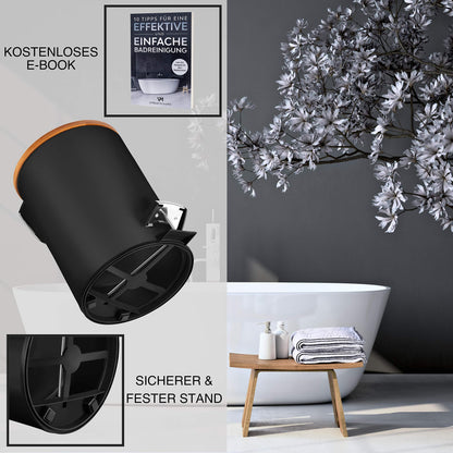 VMbathrooms 3L cosmetic bin in chic black design | Step trash can with soft close lid | Elegant bin for the bathroom with inner container and bamboo wood lid