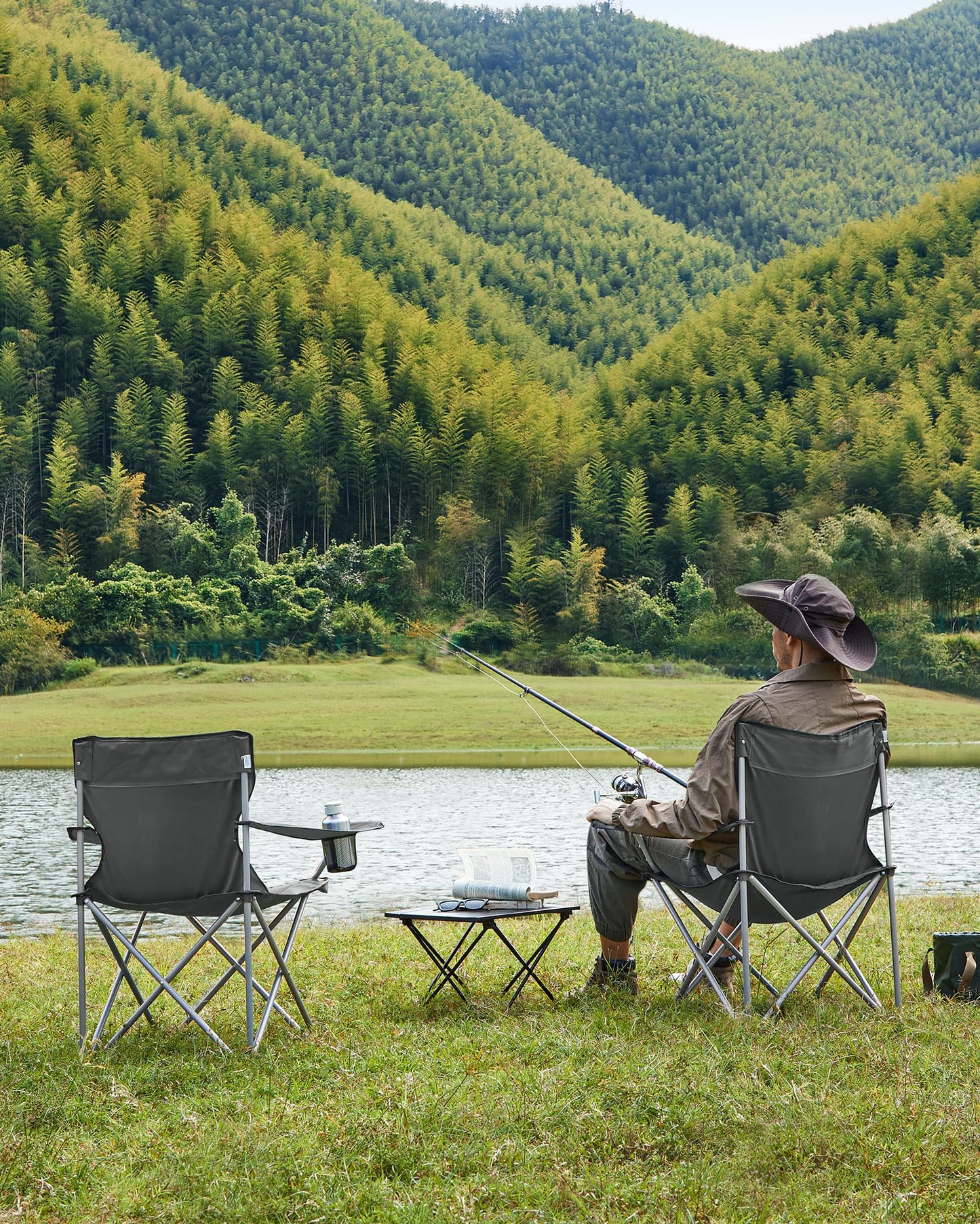 SONGMICS Camping Chair, Set of 2, Folding Chair for Outdoor, Fishing Chair with Armrests, Cup Holder, Portable, Foldable, Holds up to 120 kg, Camping, Garden, Beach, Patio, Slate Gray GCB001G11