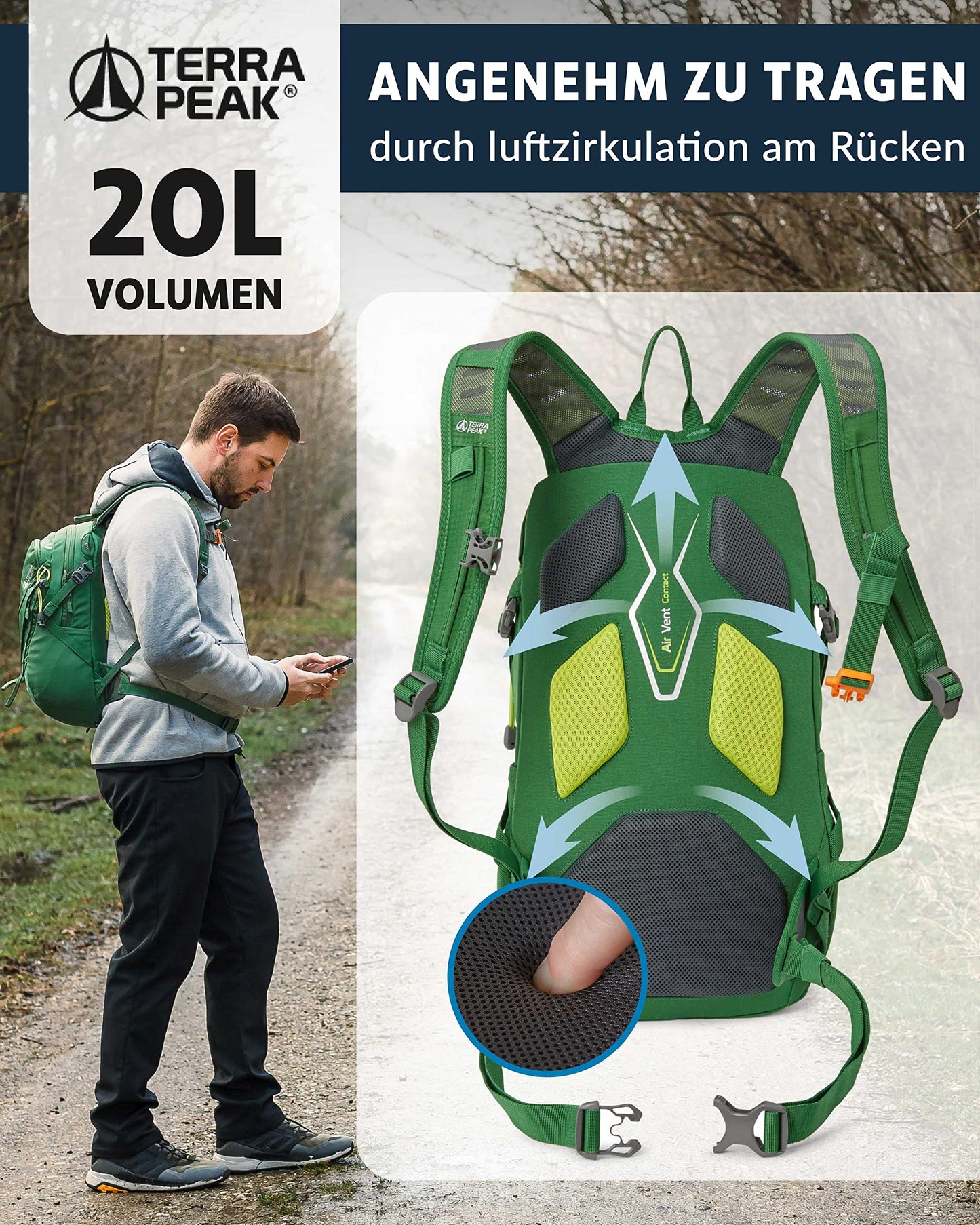 Terra Peak hiking backpack 20L for men and women in green - small and waterproof, perfect for trekking, biking, and outdoor sports. Includes hydration system and hip belt for travel and hiking adventures.