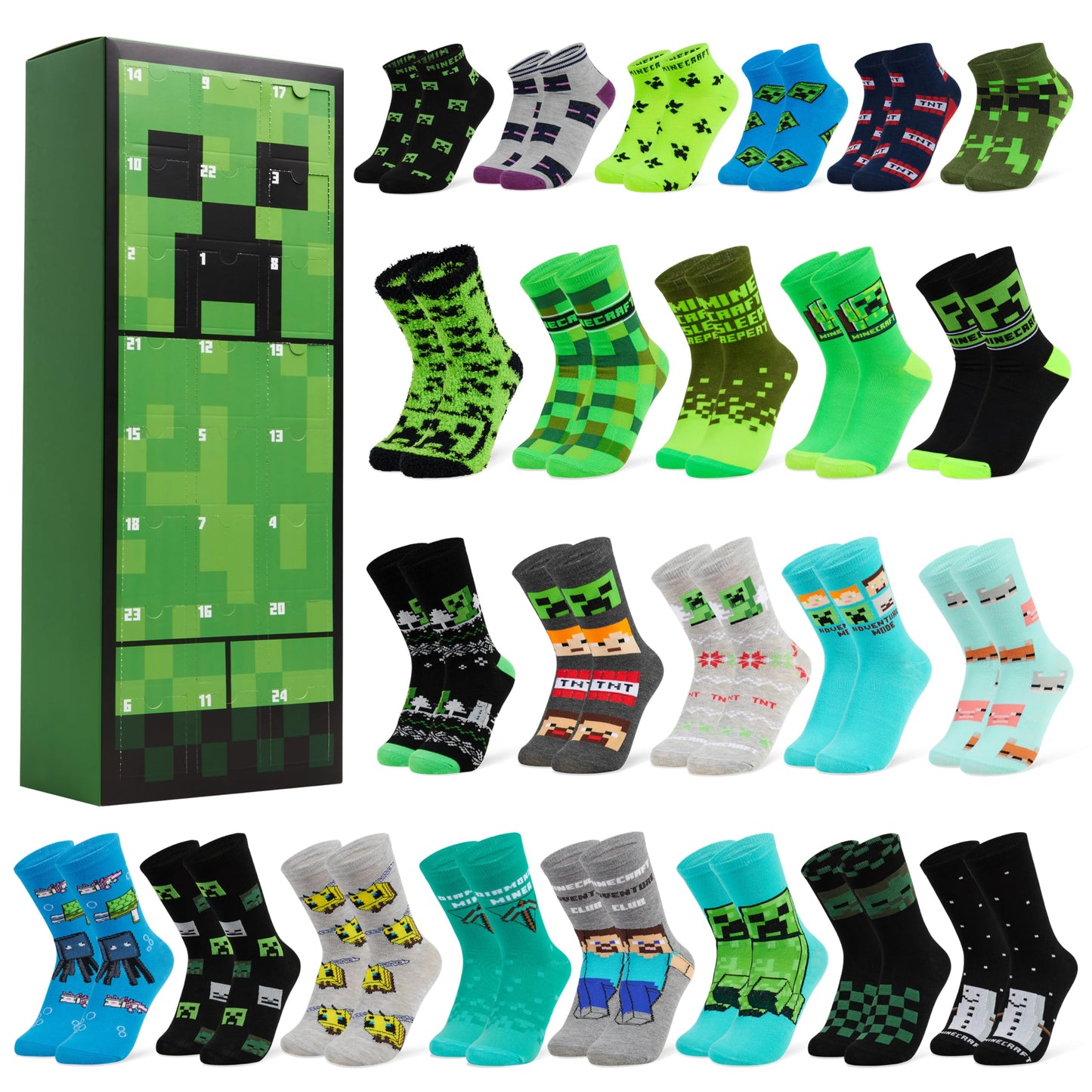 Minecraft Advent Calendar 2025 Children Teenagers Christmas Countdown Calendar Socks with 24 Cool Creeper Socks Gifts for Kids