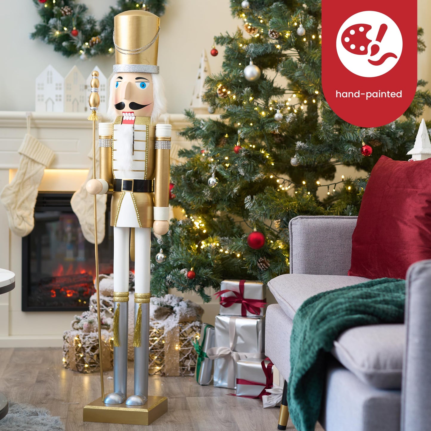 THE TWIDDLERS XXL Giant Wooden Nutcracker Soldier King, 120cm in Gold & White, High-quality handcrafted pine wood, Traditional ornament, Christmas decoration with movable parts