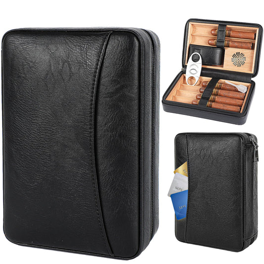 Portable leather cigar case with Spanish cedar interior and card storage. Perfect for business trips, birthdays, and Father's Day gifts. Includes cigar cutter and humidifier.
