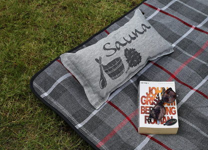 JOKIPIIN | 1 x Favorite sauna pillow travel pillow | Design: Sauna | Dimensions: 40 x 22 cm, linen/cotton | pollutant tested Ökotex 100 | Made in Finland (Black/White)