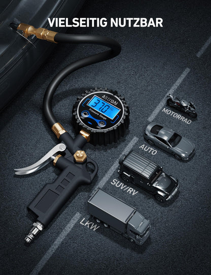 AstroAI Digital Tire Inflator with Gauge, 250 PSI, Air Chuck and Compressor Accessories, Durable, with Rubber Hose and Quick Connect Coupler for 0.1 Screen Resolution
