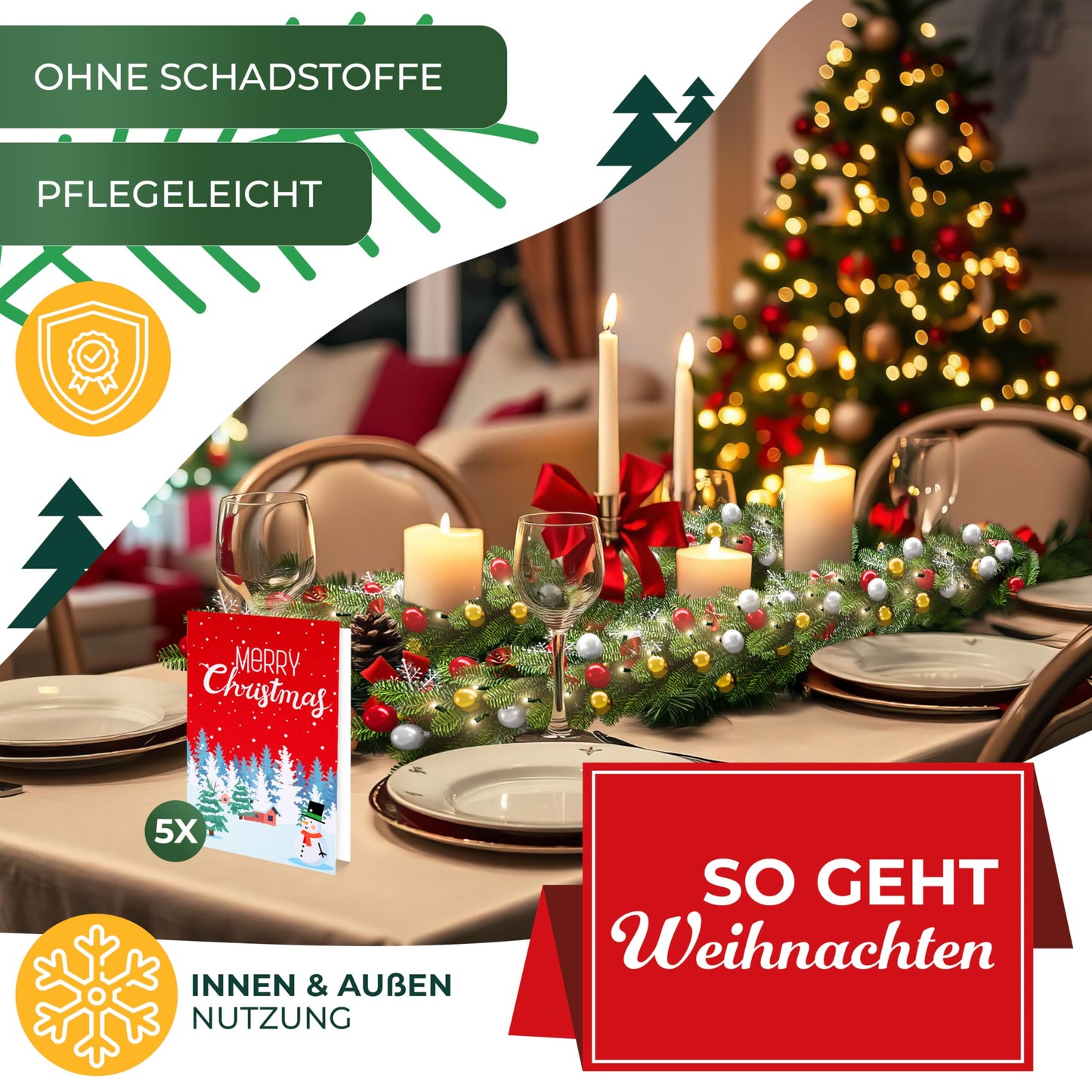 KESSER® Christmas garland 5m with lighting 100 LEDs - Timer - LED chain 8 light modes - Christmas lights - Christmas decoration In & Outdoor - Pine garland including remote control + decorative accessories
