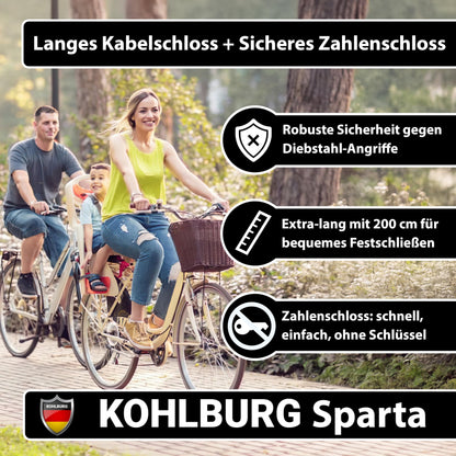 KOHLBURG Cable Lock 2 meters long with number combination - 200cm combination lock - steel cable lock with Velcro fasteners - steel cable, with number code for bike, garden furniture & bike lock