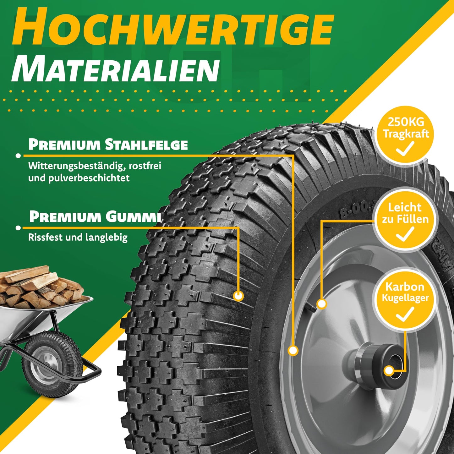 MASKO® wheelbarrow wheel pneumatic tire 250kg replacement wheel air-filled wheelbarrow garden cart 40cm/15.6" extra-wide 9.5cm air wheel puncture-proof tire with steel rim & gloves carbon steel ball bearing