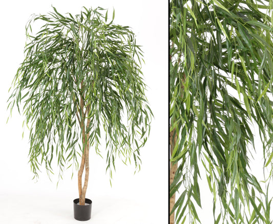 Weeping Willow artificial tree, approx. 185cm tall with natural trunk - Large artificial Willow tree with real wood trunk in pot