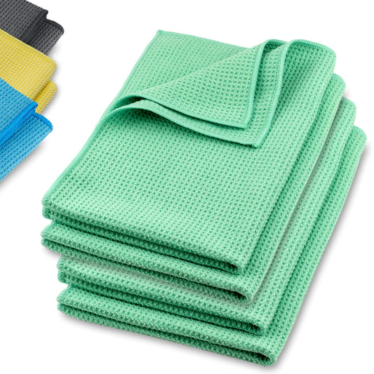 ELEXACLEAN Microfiber Drying Towel, Premium Waffle Cloth (4 pieces, 60x40 cm, Green) super soft quality for car, glass, kitchen, dishes, bathroom.