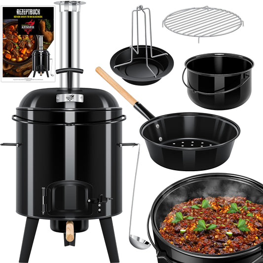 KESSER® Goulash Kettle Goulash Cannon | Dutch oven with grill function Oven Grill Kettle Grill + Chicken roaster 8L pan Goulash pot 17 liters enameled with lid for outdoor kitchen field kitchen