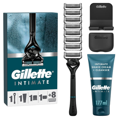 Gillette Intimate Shaving Kit for Men, Men's Razor + 8 Razor Blades + 2in1 Shave and Shower Cream for Intimate Areas (177 ml) + Includes Shower Holder & Travel Case, Gift for Men