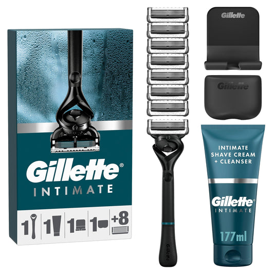 Gillette Intimate Shaving Kit for Men, Men's Razor + 8 Razor Blades + 2in1 Shave and Shower Cream for Intimate Areas (177 ml) + Includes Shower Holder & Travel Case, Gift for Men