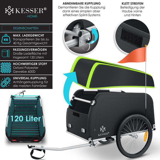 KESSER® bicycle trailer cargo trailer transport trailer high drawbar with coupler, incl. cover folding function high drawbar attaches to bicycle transport box with 120 liters max. 40 kg light green