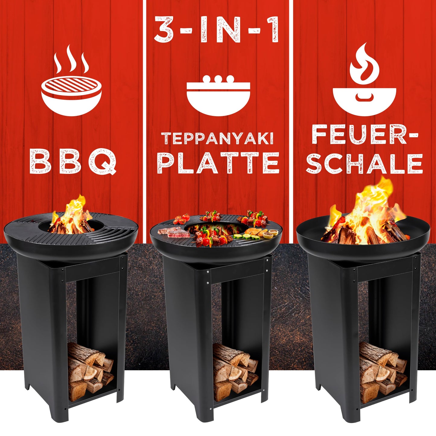 BBQ Collection 3-in-1 fire pit with grill grate - fire basket 61 x 90 cm - outdoor kitchen with Teppanyaki and BBQ grill plate - Plancha BBQ with wood storage - garden fireplace for outdoor use - metal.