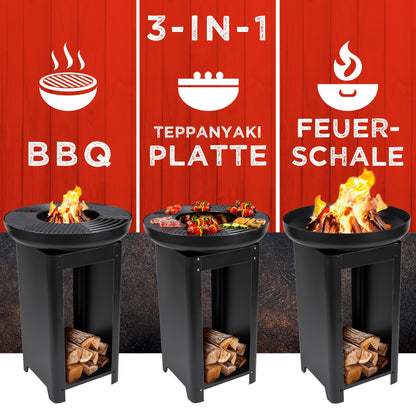 BBQ Collection 3-in-1 fire pit with grill grate - fire basket 61 x 90 cm - outdoor kitchen with Teppanyaki and BBQ grill plate - Plancha BBQ with wood storage - garden fireplace for outdoor use - metal.