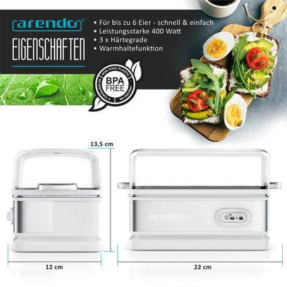 Arendo - Stainless Steel Egg Cooker with Keep Warm Function - Tilt function switch with indicator light - freely adjustable hardness level - rustproof brushed stainless steel - white