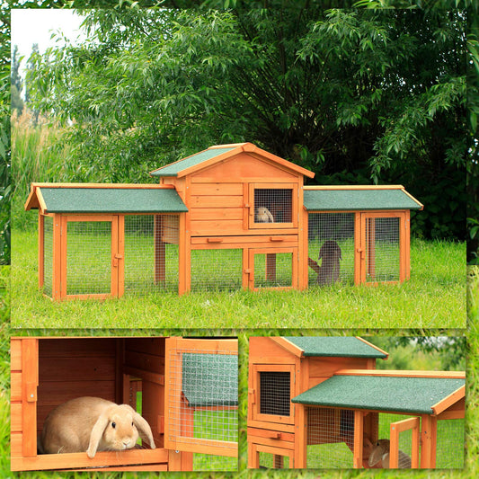 Wooden two-story rabbit hutch with ramp, 212x52x85 cm, water-resistant bitumen roof & wire mesh, winterproof outdoor rabbit hutch with 4 entrances & removable drawer.