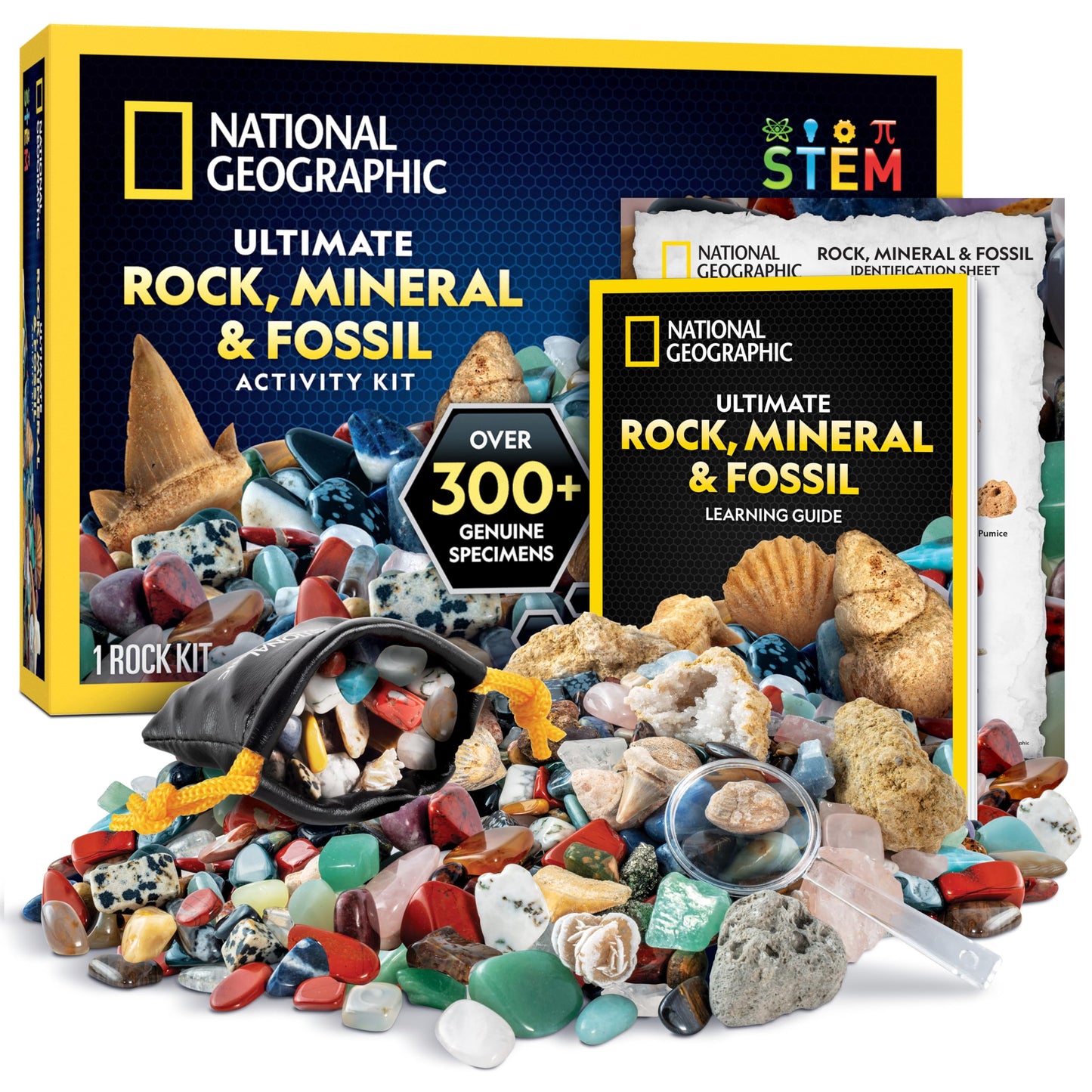 NATIONAL GEOGRAPHIC Gemstones and Fossils Set - 300-piece set with geodes and real fossils - Rose Quartz, Jasper, Aventurine - Many more crystals and gemstones for kids.