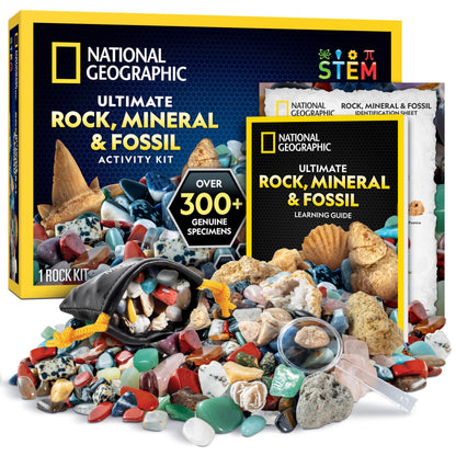 NATIONAL GEOGRAPHIC Gemstones and Fossils Set - 300-piece set with geodes and real fossils - Rose Quartz, Jasper, Aventurine - Many more crystals and gemstones for kids.