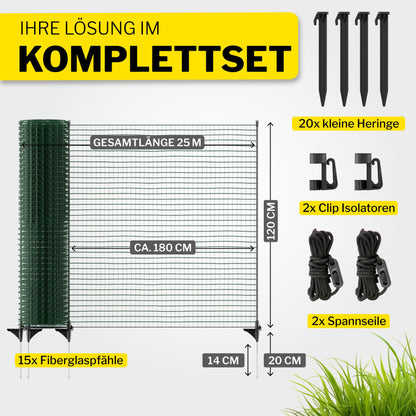 Horizontal boundary fence FIX, mobile fence 25m long, 120cm high, perfect for large pets, dog fence, camping, garden net, including 15 poles, barrier fence, snap-on fence, running area for dogs.
