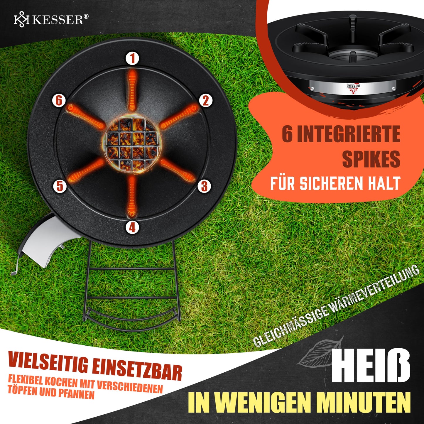 KESSER® Rocket Stove with cast iron grill pan | incl. grill tongs & carrying bag | Dutch Oven 6 integrated spikes | BBQ Rocket Stove wood stove | Camping outdoor stove | Camping grill stainless steel