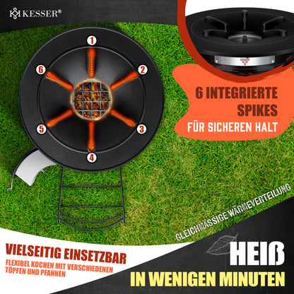 KESSER® Rocket Stove with cast iron grill pan | incl. grill tongs & carrying bag | Dutch Oven 6 integrated spikes | BBQ Rocket Stove wood stove | Camping outdoor stove | Camping grill stainless steel