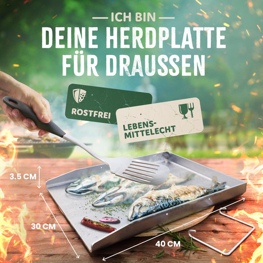 Plancha grill plate made of 4mm stainless steel | with carrying handles and spatula set | 40 x 30 cm gas grill plate in universal size | quality made in Germany | dishwasher safe non-stick