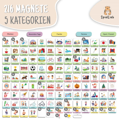 SpielLieb® Montessori Weekly Planner for Kids - Magnetic Board with 216 Magnets, writable & erasable - Ideal for promoting independence & organization - Magnetic Weekly Planner for Kids
