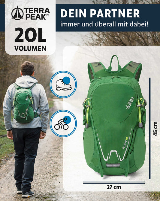 Terra Peak hiking backpack 20L for men and women in green - small and waterproof, perfect for trekking, biking, and outdoor sports. Includes hydration system and hip belt for travel and hiking adventures.