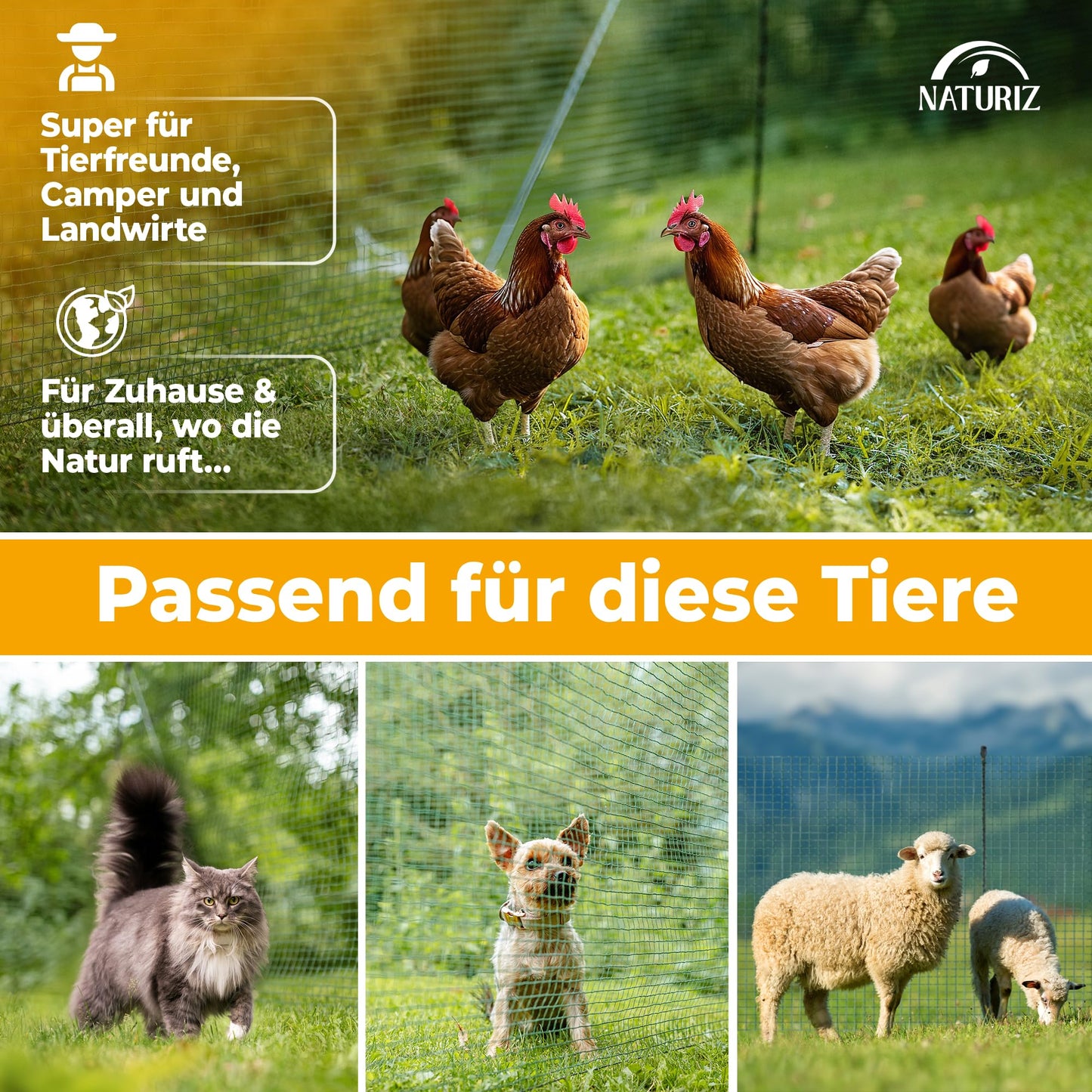 NATURIZ® Mobile Dog Fence & Pasture Fence 20m - Camping Fence for Dogs without Electricity, Boundary Fence, Garden Fence, Chicken Fence extremely stable, 90cm high (20m)