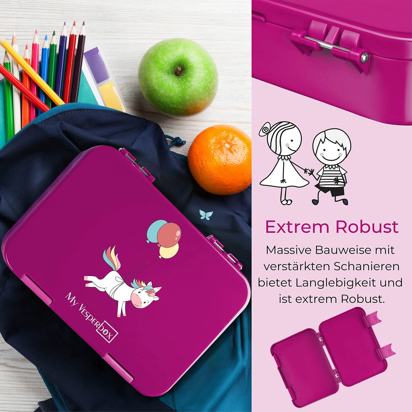 My Vesperbox - Len - Bento Box Kids - Lunchbox with 4+2 compartments - extremely durable - lunchbox - ideal for kindergarten and school... (Purple - Unicorn)