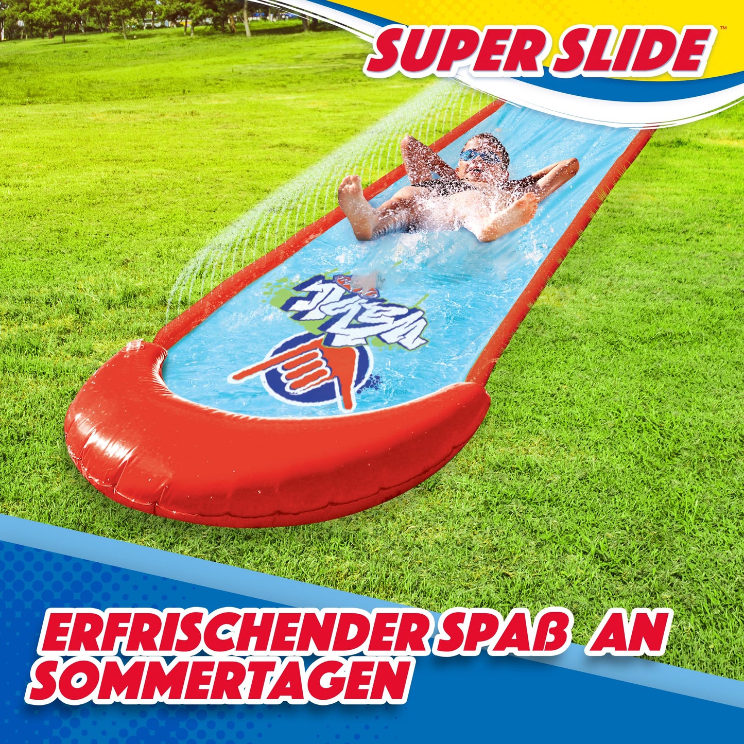Wahu - SUPER SLIDE – 7.5m water slide for kids 5+ – Outdoor water toy for garden – Water slide with sprinkler – Summer fun water activity – Easily attach to garden hose.