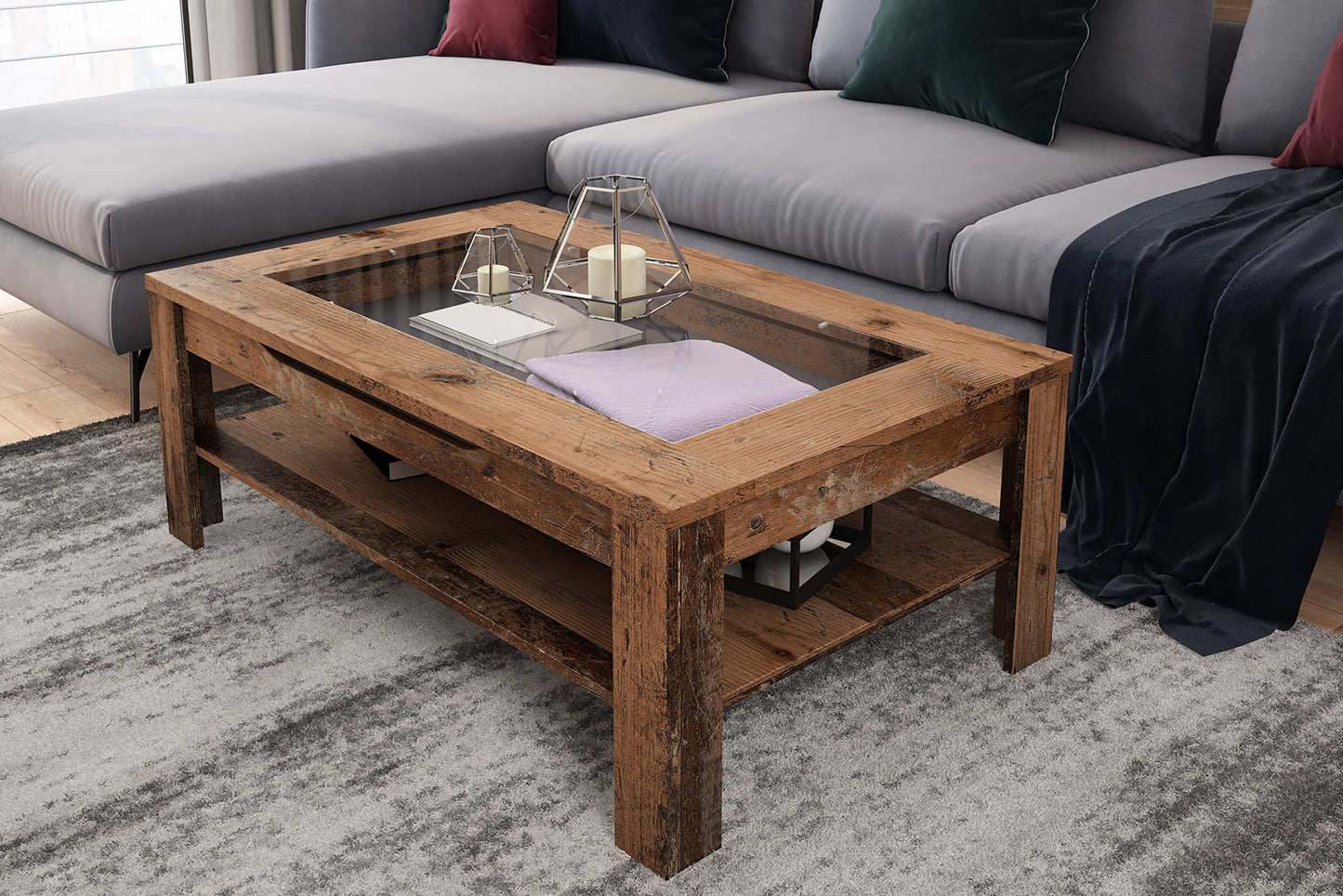 byLIVING Coffee Table Ralph/modern Coffee Table with glass insert and spacious drawer in Old Wood-look/Side Table with plenty of storage space/W 110, H 43, D 67 cm