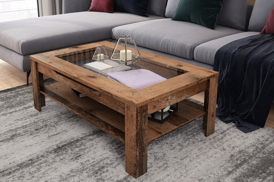 byLIVING Coffee Table Ralph/modern Coffee Table with glass insert and spacious drawer in Old Wood-look/Side Table with plenty of storage space/W 110, H 43, D 67 cm