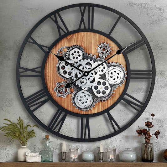 Lafocuse 57cm Vintage Wall Clock Large with Moving Gears, Industrial Steampunk XXL Wooden Wall Clock, Antique Retro Decor for Kitchen Living Room Bar