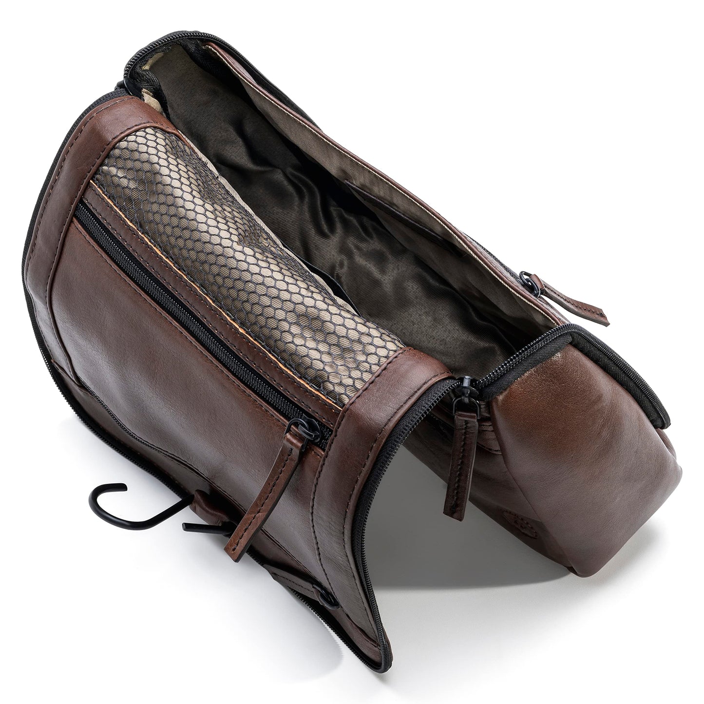 FARMHOOD Memphis Women/Men Leather Toiletry Bag | large cosmetic bag with hook for hanging | many compartments with zipper | Beauty case 27 cm with zipper on the back
